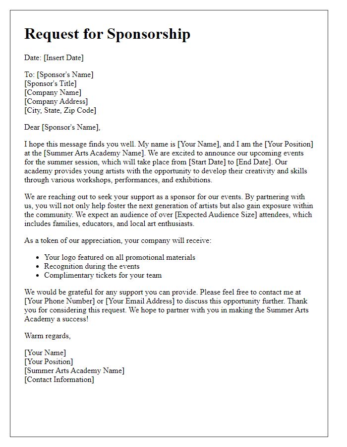 Letter template of sponsorship request for summer arts academy events.