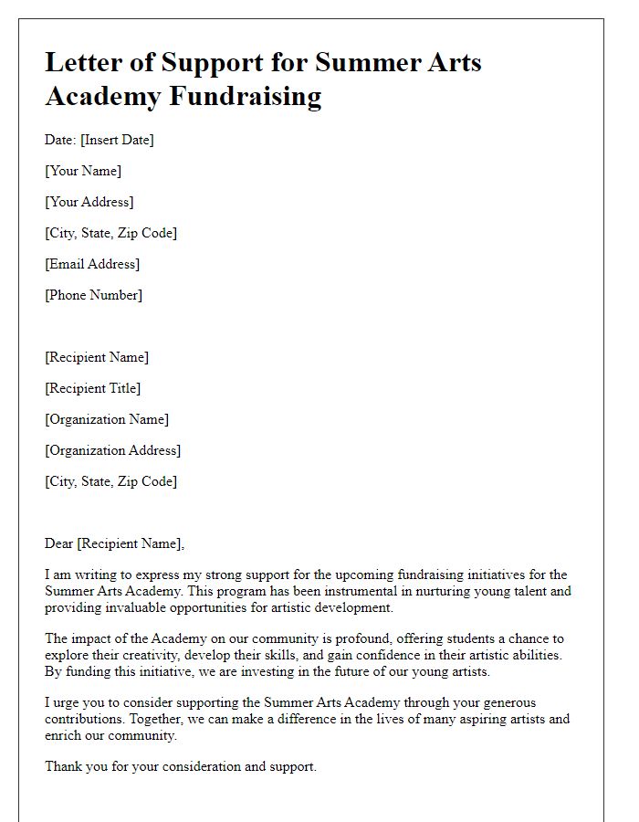 Letter template of support for summer arts academy fundraising initiatives.