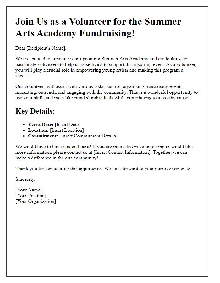 Letter template of volunteer recruitment for summer arts academy fundraising.