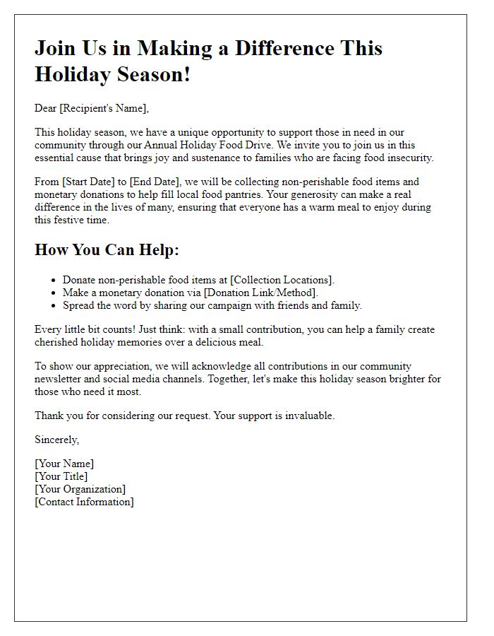 Letter template of Call to Action for Holiday Food Drive Fundraising