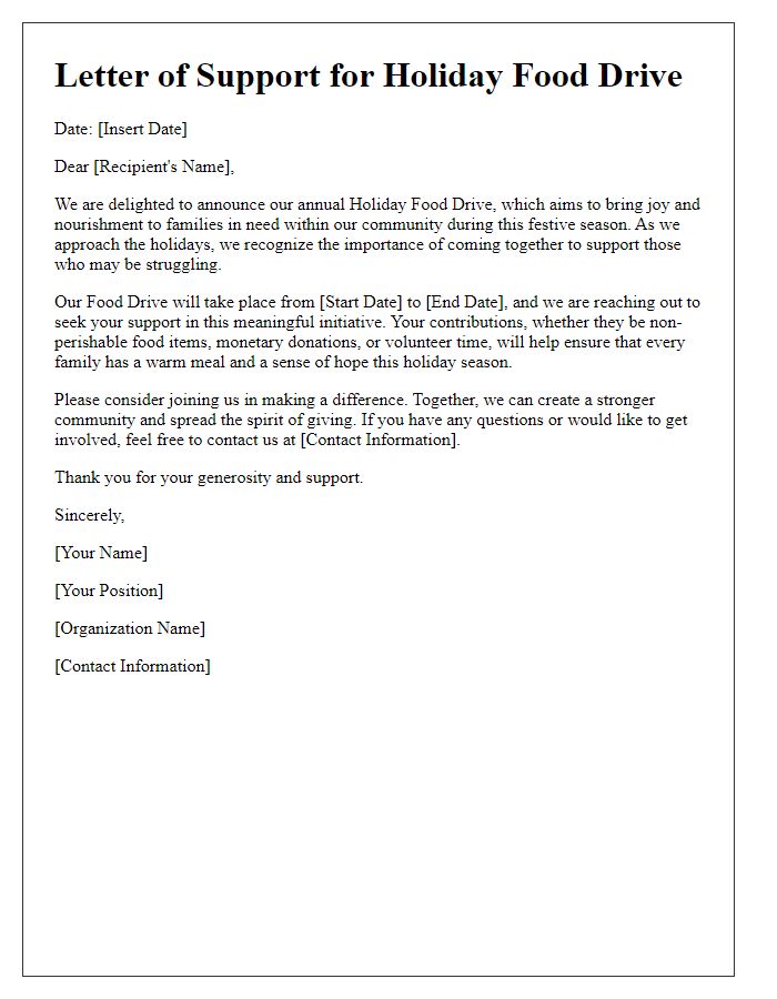 Letter template of Community Support for Holiday Food Drive