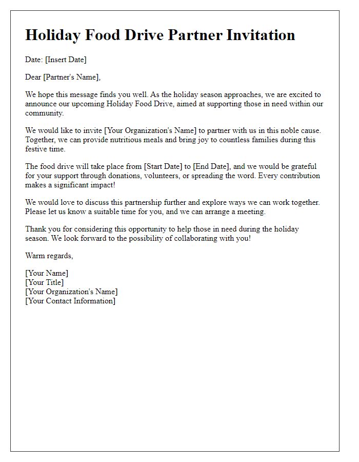 Letter template of Holiday Food Drive Partner Invitation