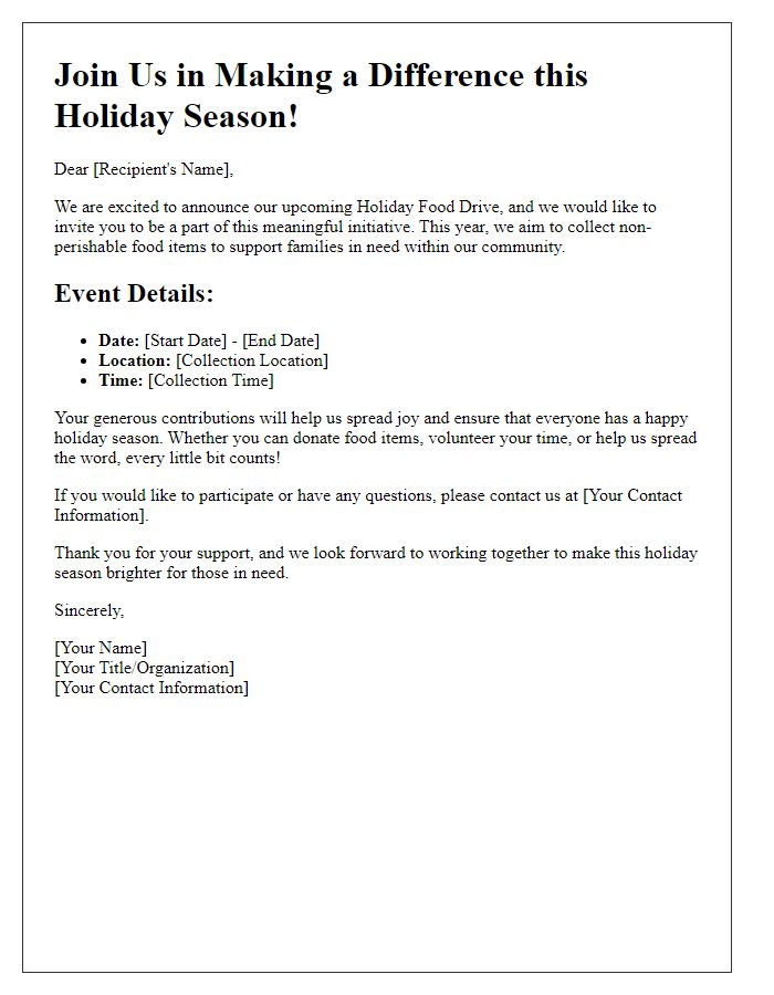 Letter template of Invitation to Support Holiday Food Drive