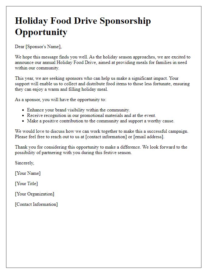 Letter template of Sponsorship Opportunity for Holiday Food Drive