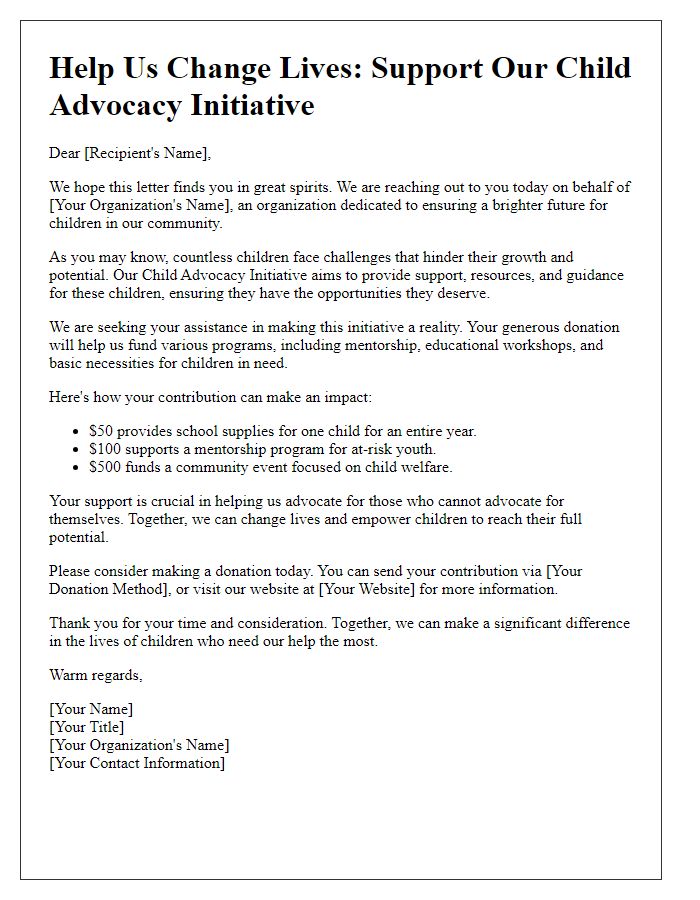 Letter template of appeal for child advocacy initiative donations.