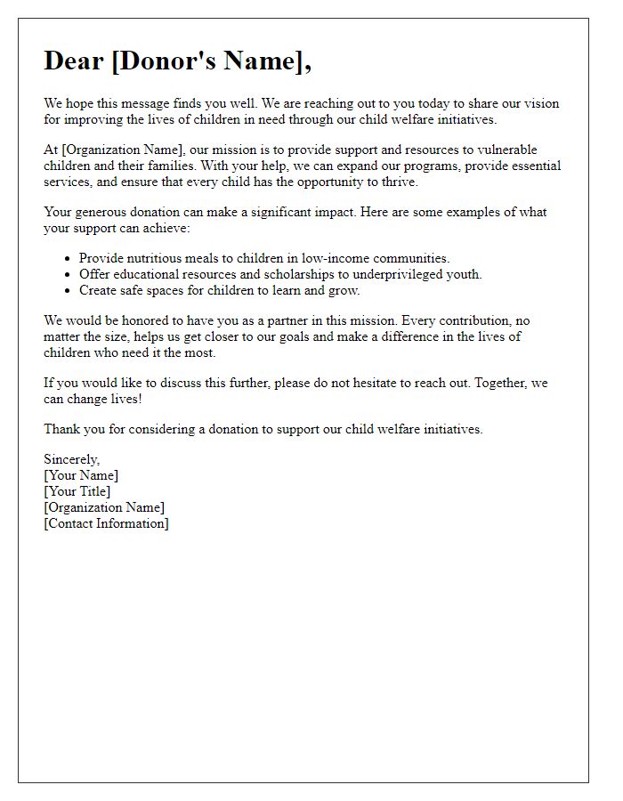 Letter template of engagement for donations to child welfare initiatives.