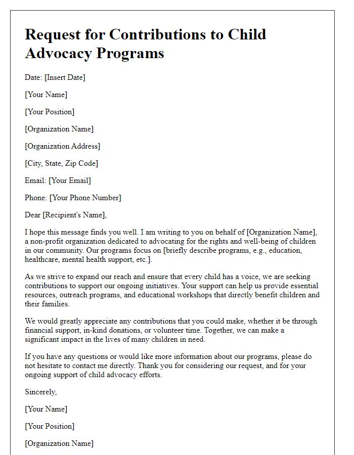 Letter template of request for contributions to child advocacy programs.