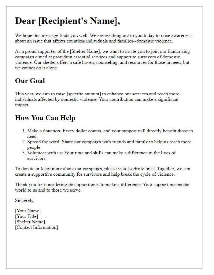 Letter template of awareness campaign for domestic violence shelter fundraising.