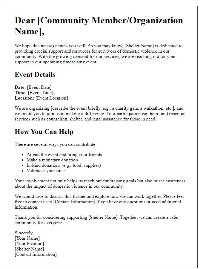 Letter template of community engagement for domestic violence shelter fundraising.