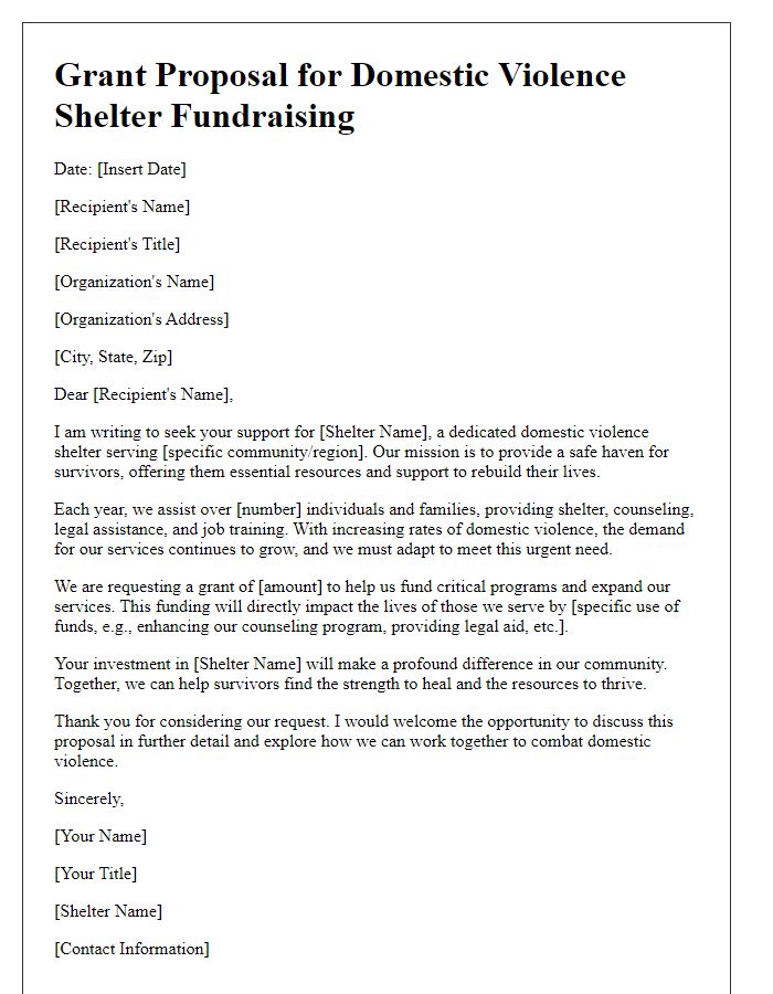 Letter template of grant proposal for domestic violence shelter fundraising.