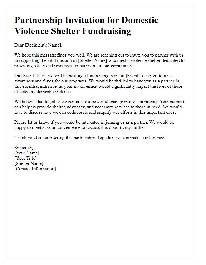 Letter template of partnership invitation for domestic violence shelter fundraising.