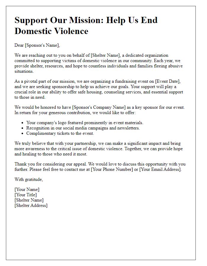 Letter template of sponsorship appeal for domestic violence shelter fundraising.