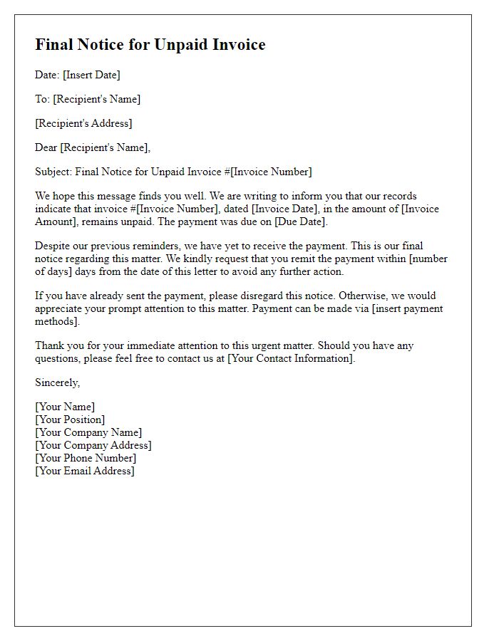 Letter template of final notice for unpaid invoice