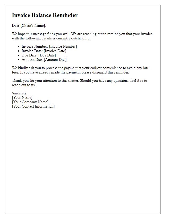 Letter template of invoice balance reminder