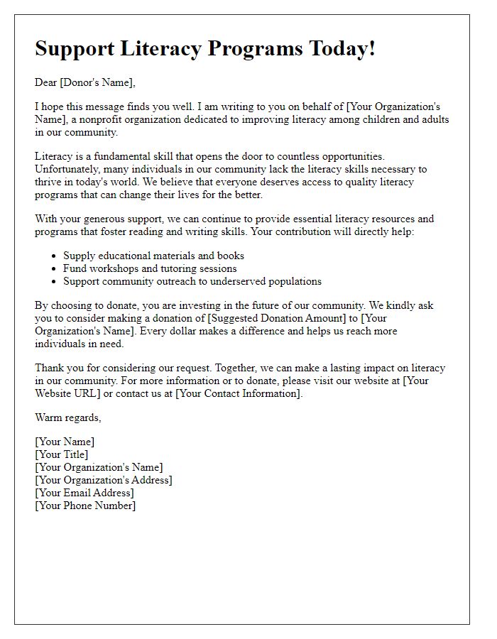 Letter template of a donor solicitation for supporting literacy programs.