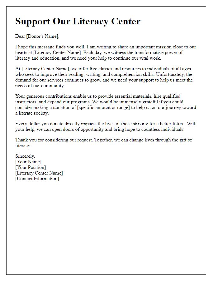 Letter template of a fundraising appeal for a literacy center.