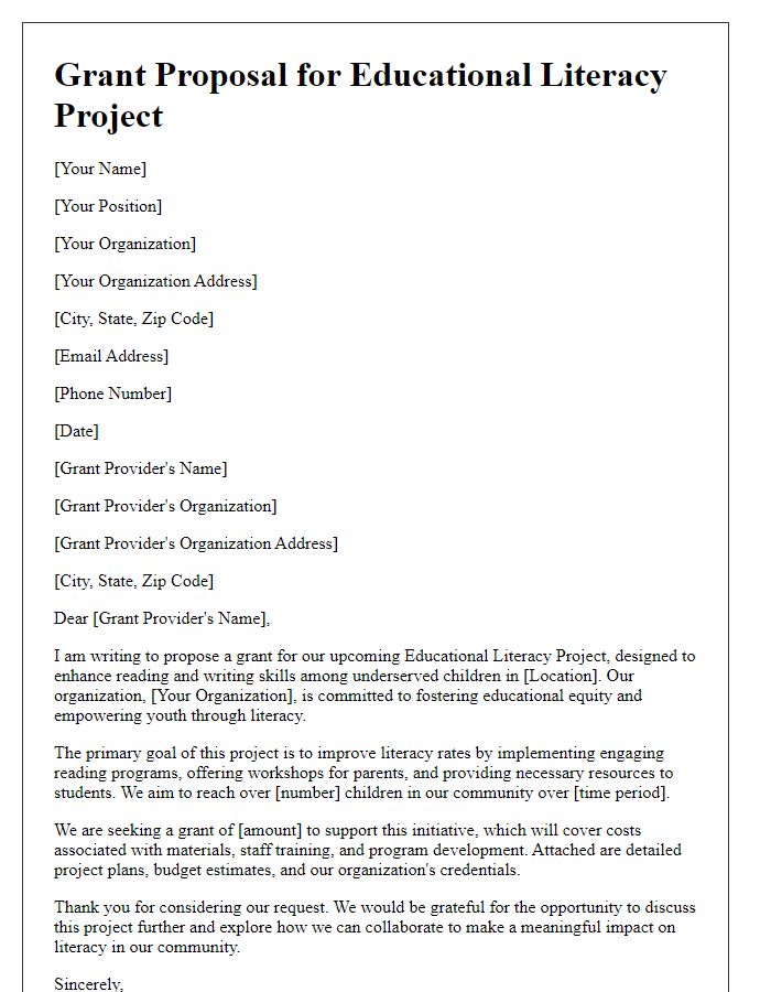 Letter template of a grant proposal for educational literacy projects.