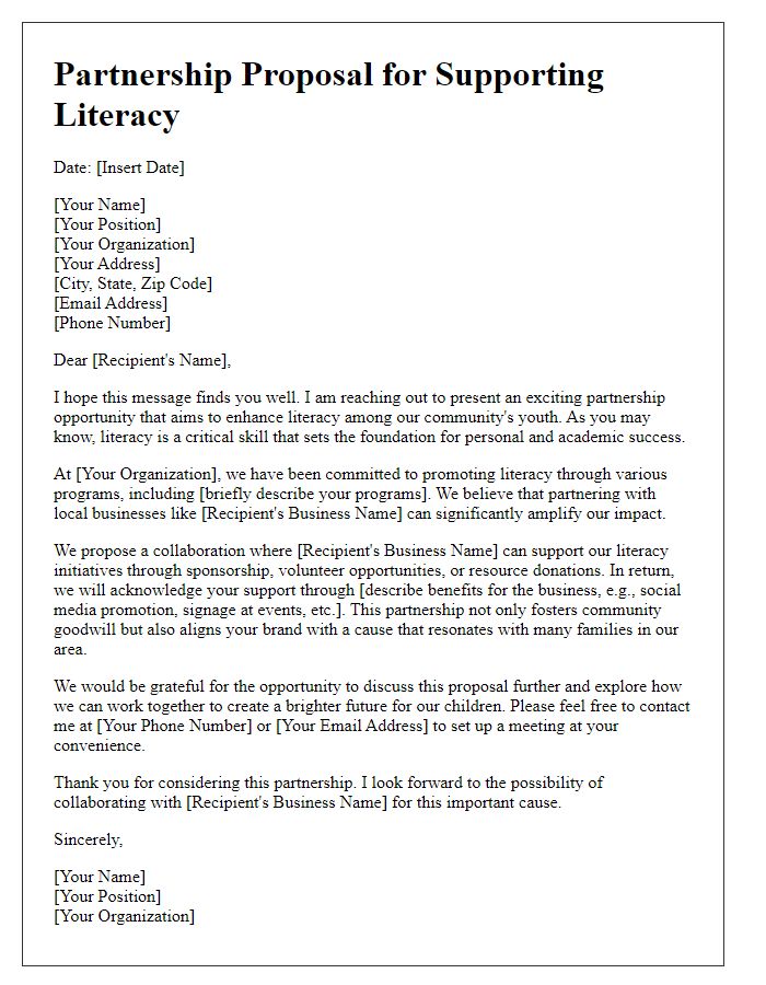 Letter template of a partnership proposal for local businesses to support literacy.