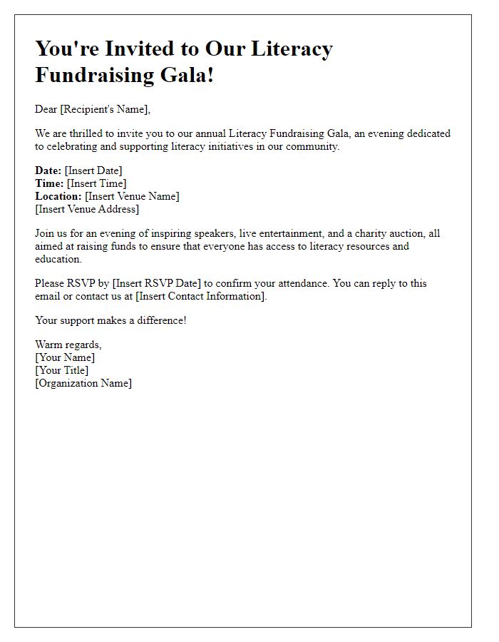 Letter template of a special event invitation for a literacy fundraising gala.