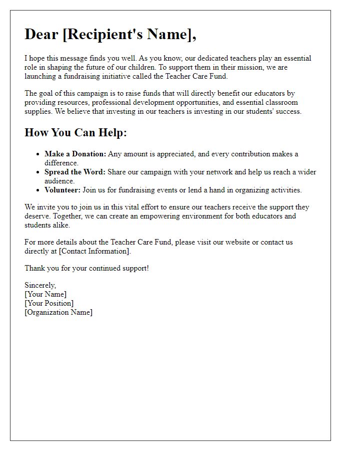 Letter template of Teacher Care Fundraising Strategy