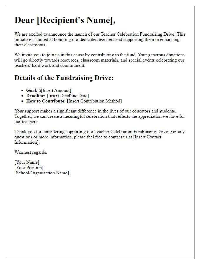 Letter template of Teacher Celebration Fundraising Drive