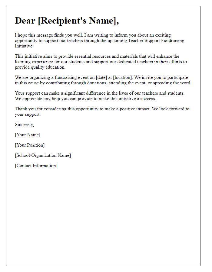 Letter template of Teacher Support Fundraising Initiative