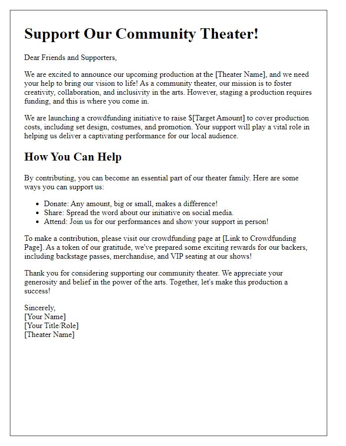 Letter template of community theater crowdfunding initiative for online backers.