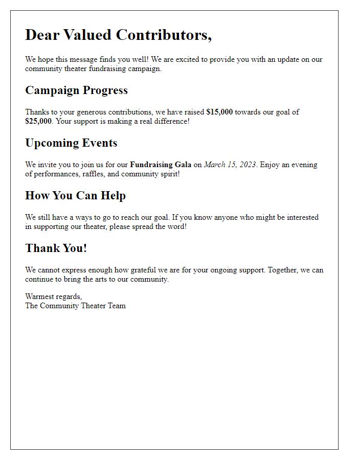 Letter template of community theater fundraising campaign update for contributors.