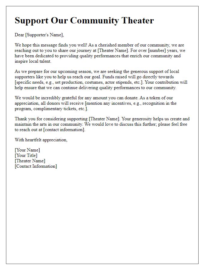 Letter template of community theater fundraising request for local supporters.