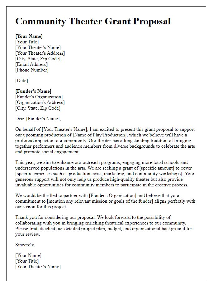 Letter template of community theater grant proposal for potential funders.