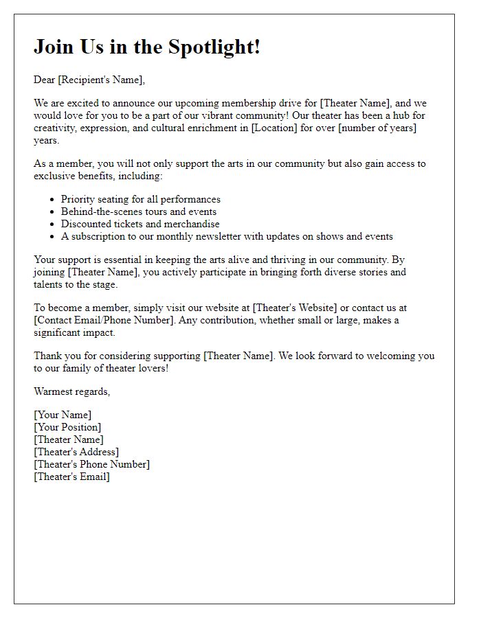 Letter template of community theater membership drive for new supporters.