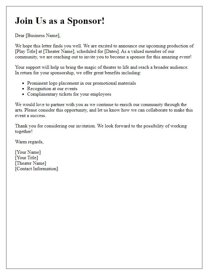 Letter template of community theater sponsorship invitation for businesses.