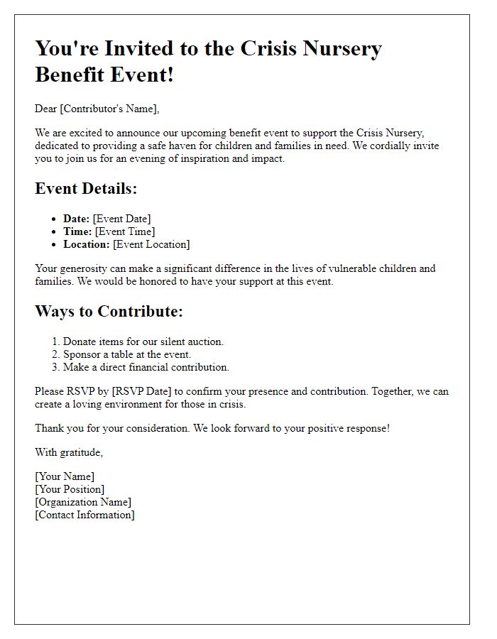 Letter template of crisis nursery benefit event invitation for potential contributors.