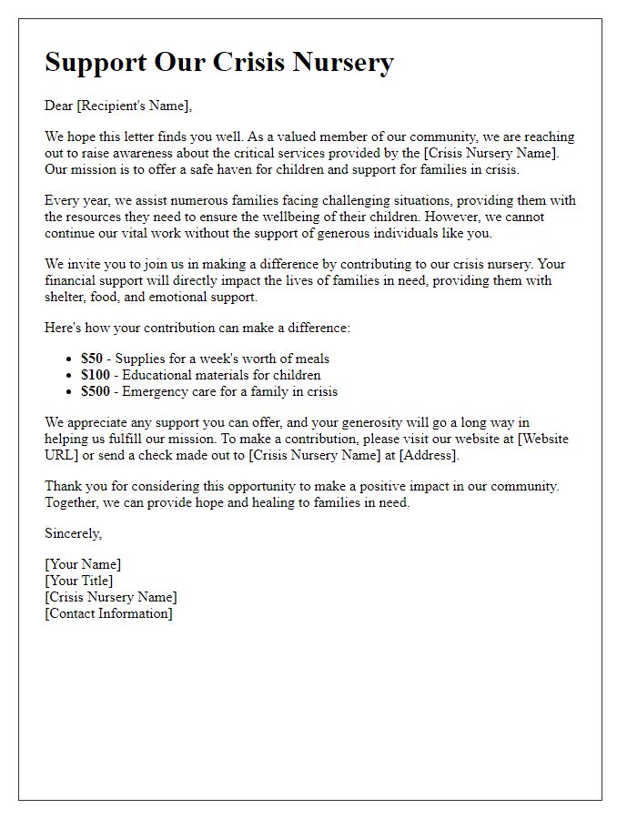 Letter template of crisis nursery financial contribution solicitation for awareness.