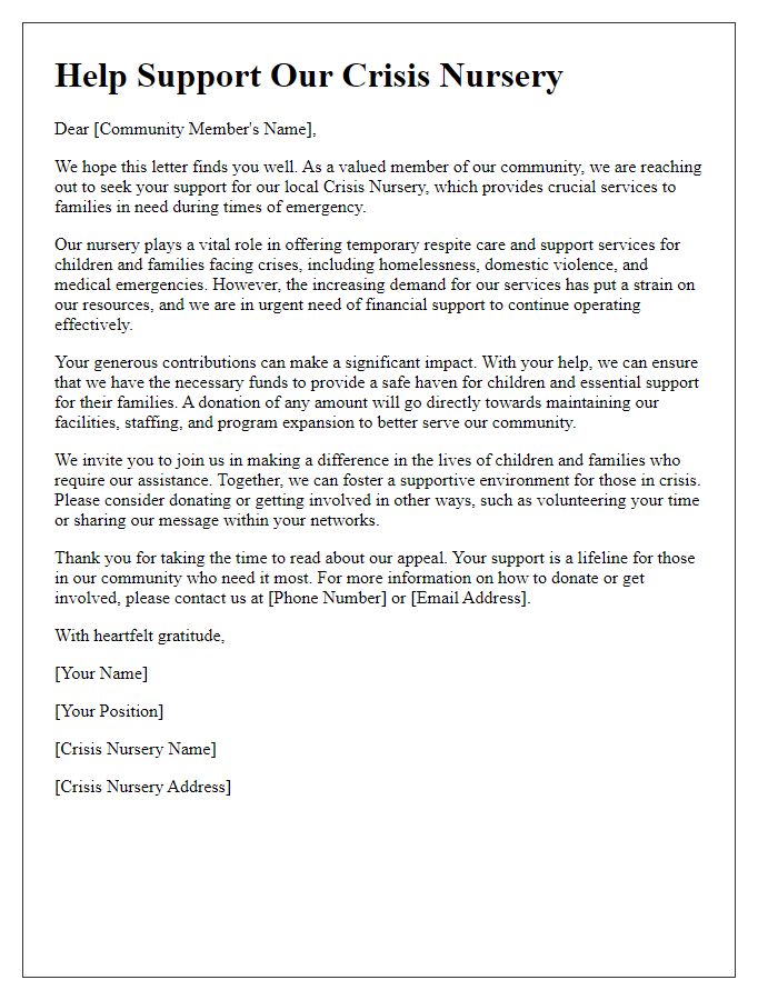 Letter template of crisis nursery funding appeal for community support.