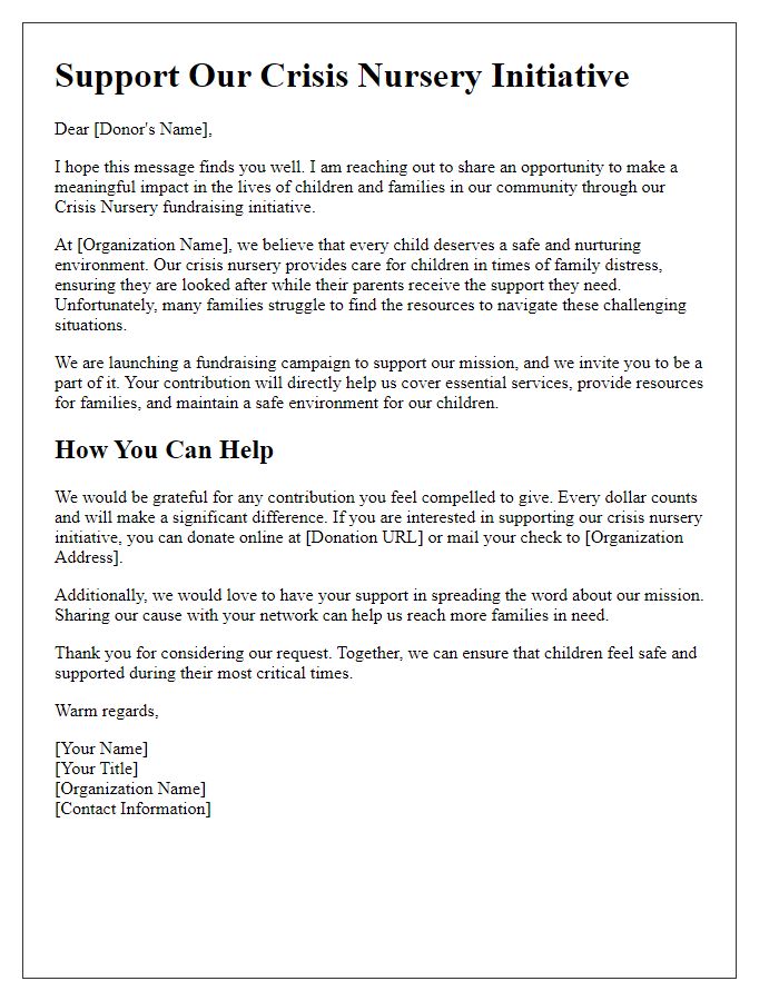 Letter template of crisis nursery fundraising initiative for individual donors.