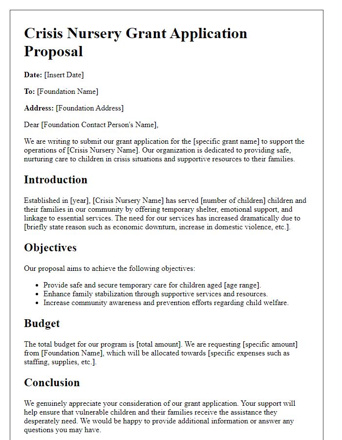 Letter template of crisis nursery grant application proposal for foundations.