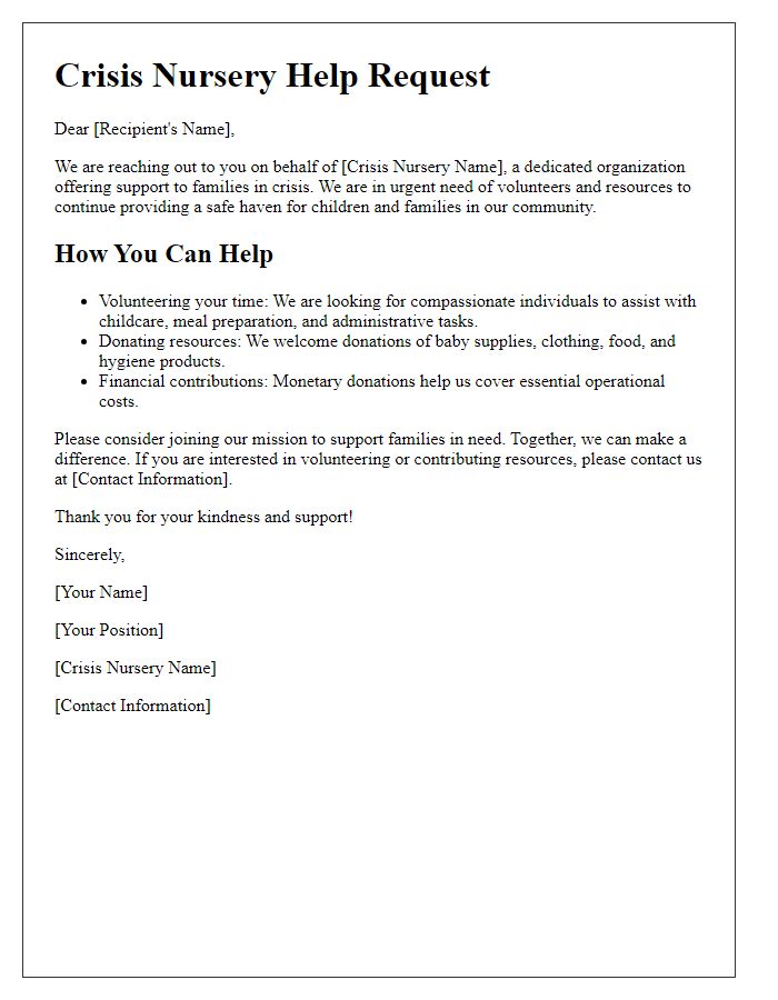 Letter template of crisis nursery help request for volunteers and resources.