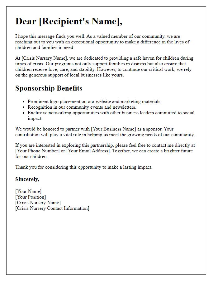 Letter template of crisis nursery sponsorship opportunity for businesses.