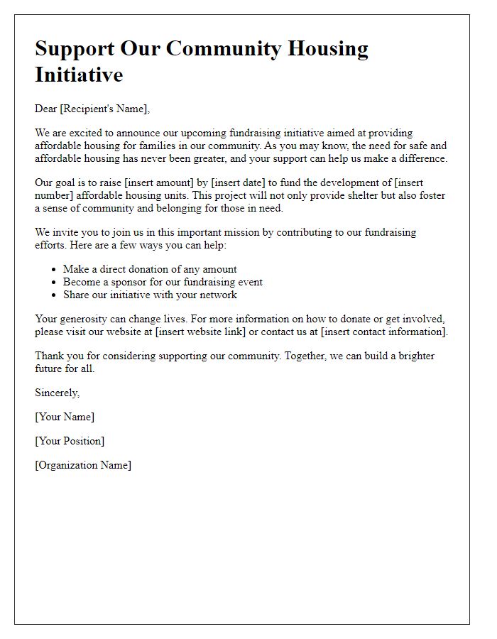 Letter template of a community-centered affordable housing fundraising initiative.