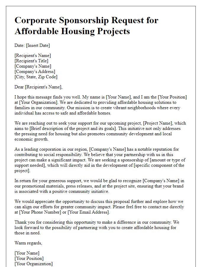 Letter template of a corporate sponsorship request for affordable housing projects.