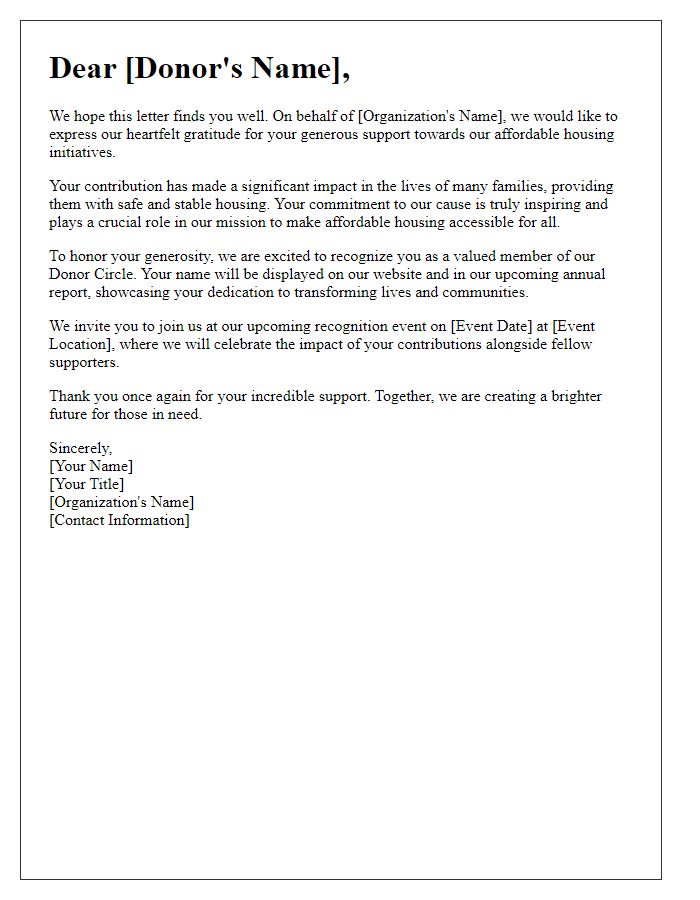 Letter template of a donor recognition initiative for affordable housing.