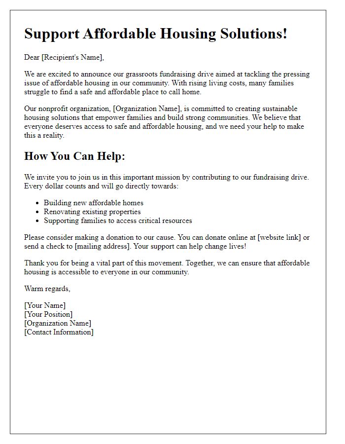 Letter template of a grassroots fundraising drive for affordable housing solutions.