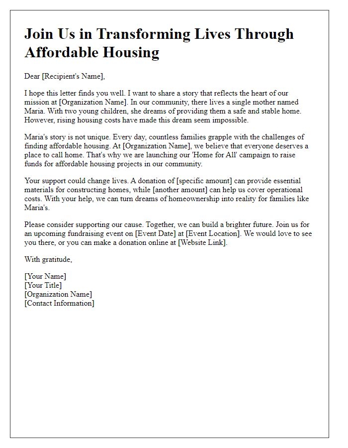 Letter template of an inspiring story-driven affordable housing fundraising effort.