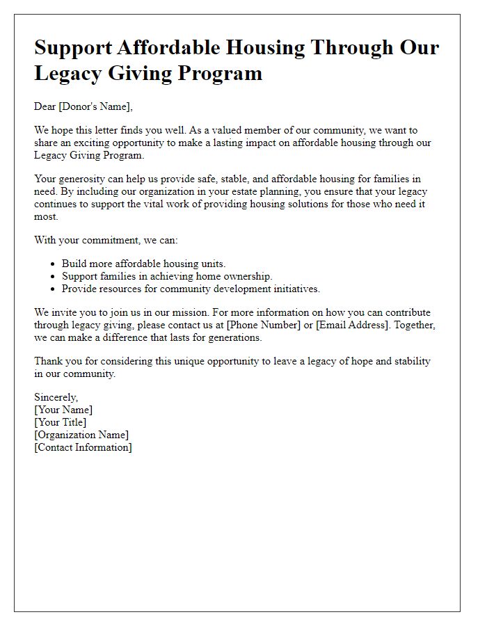 Letter template of a legacy giving program supporting affordable housing.