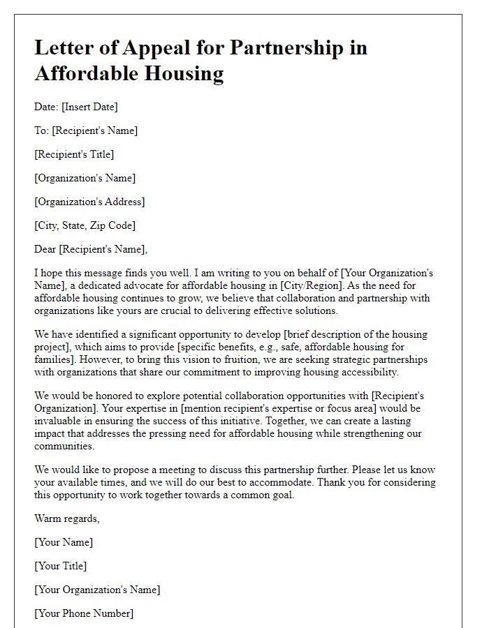 Letter template of a partnership-focused affordable housing appeal.