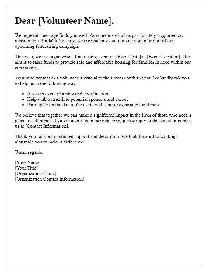 Letter template of a volunteer engagement outreach for affordable housing fundraising.