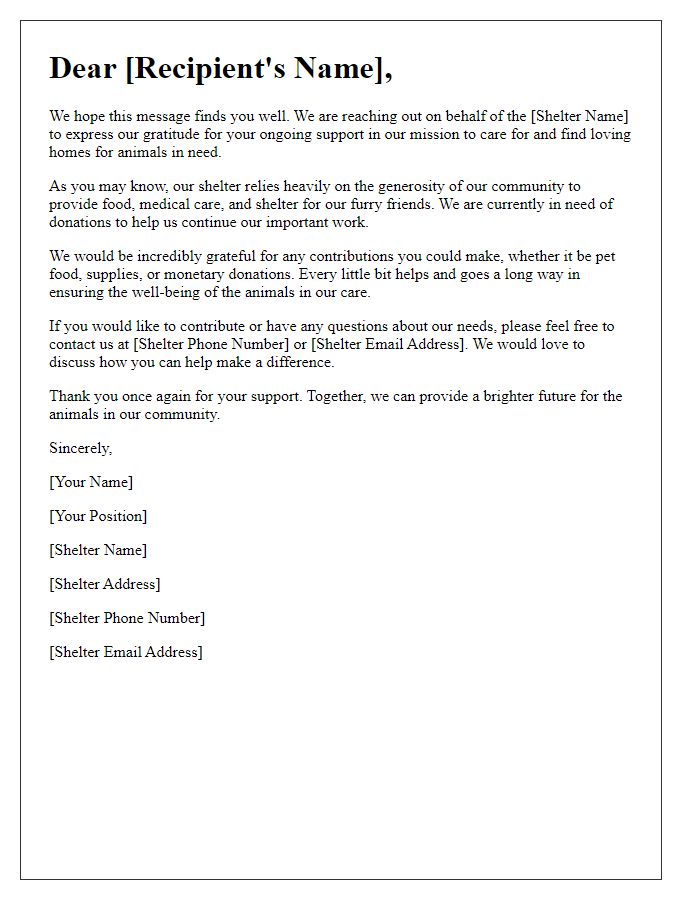 Letter template of community outreach for animal shelter donations.