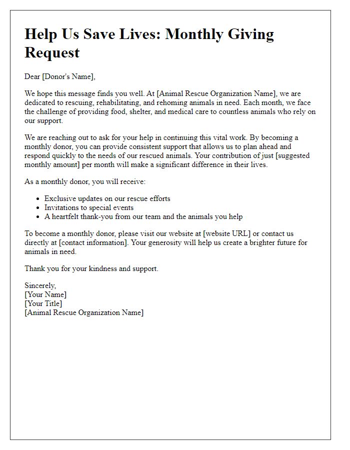 Letter template of monthly giving request for animal rescue efforts.