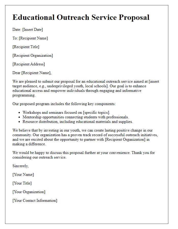 Letter template of educational outreach service proposal